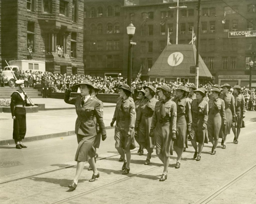 1940s Vintage Photo: 1941 photo of the Women's Red Cross, Food Administration Section in a parade in front of Toronto City Hall. 