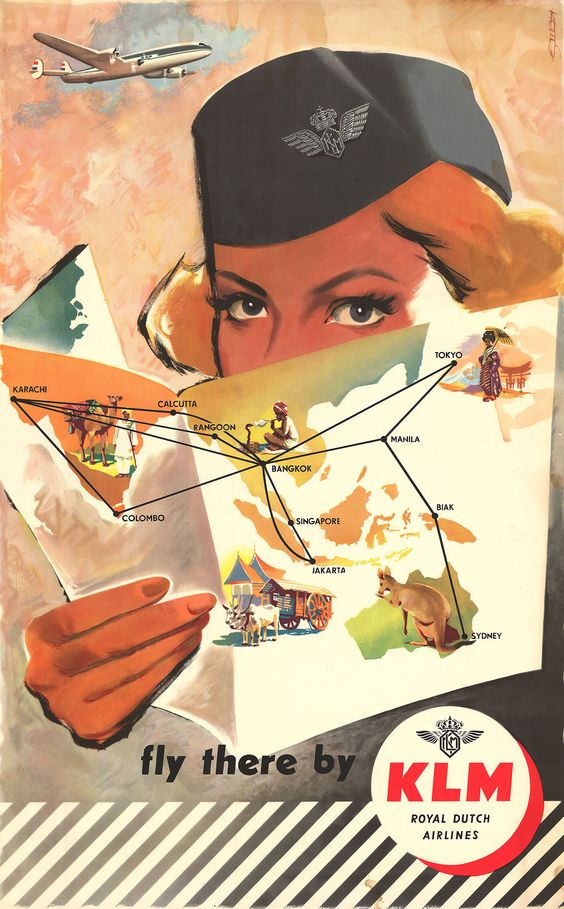 1950s vintage KLM Royal dutch Airlines showcasing an map illustration of the places they travel while a flight attendant holds onto the map