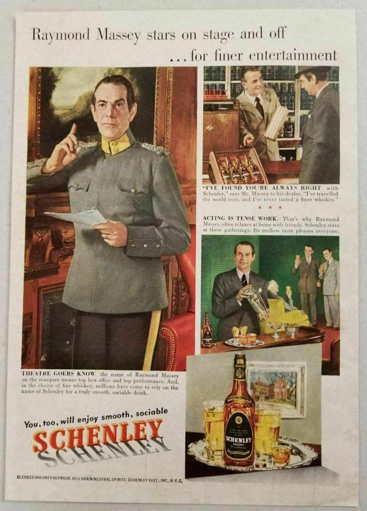 1950s Vintage Ad for Schenley Whisky featuring actor Raymond Massey who likes to enjoy entertaining at his home bar.