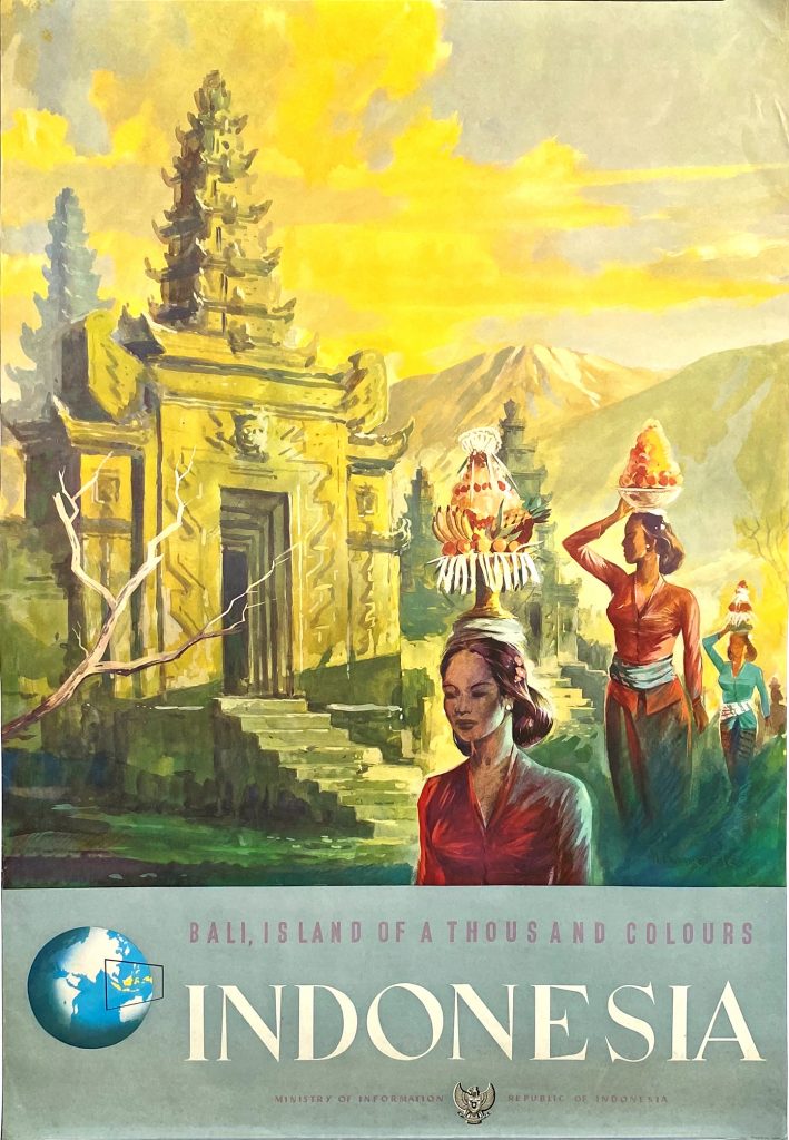 1950s travel poster: "Bali, Island of a Thousand Colours - Indonesia". Featuring an illustration of women carrying food on their heads outside of a temple. 