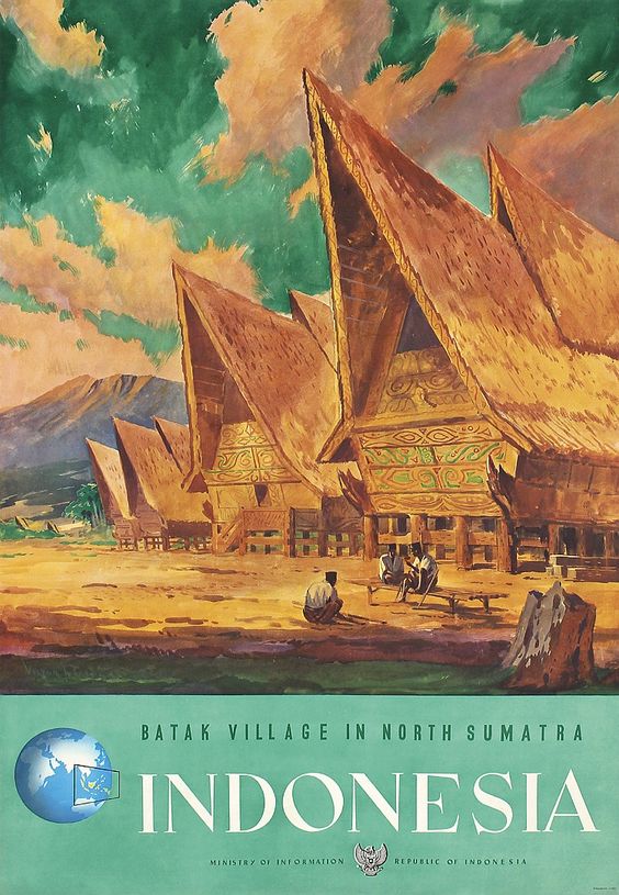 1950s Travel Poster from 1955 for Batak Village in North Sumatra Indonesia.