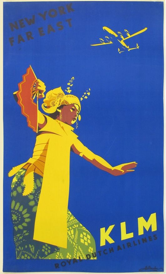 1950s vintage travel poster for travel to Indonesia Bali featuring a balinese dancer in traditional dress via royal dutch airways