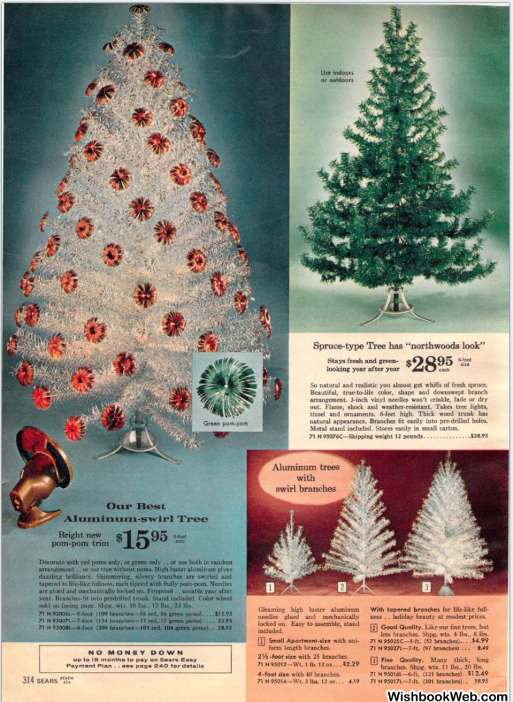 1960s Aluminum Christmas trees for sale as seen in a 1962 Sears Christmas Catalog. The page features a collection of Silver Aluminum Trees and an Aluminum Swirl Tree. 