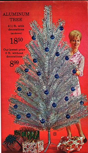 1960s vintage catalog page featuring an aluminum christmas tree you could buy. 