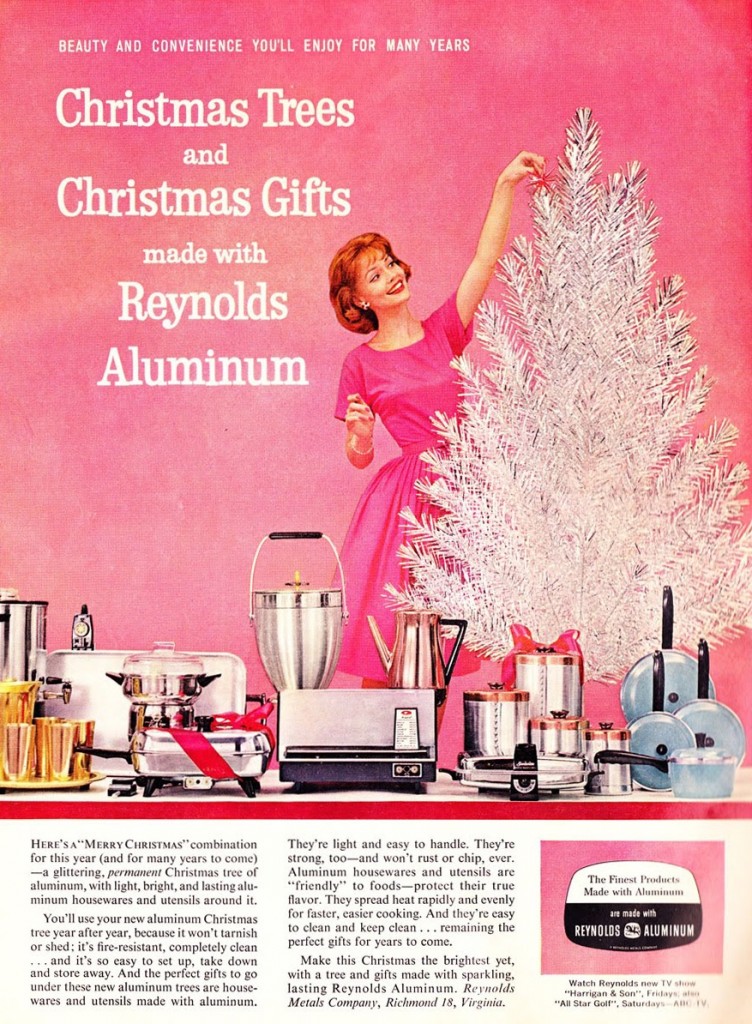 1960s vintage ad for Reynolds Aluminum featuring a white Aluminum Christmas tree and a woman in a 1960s dress