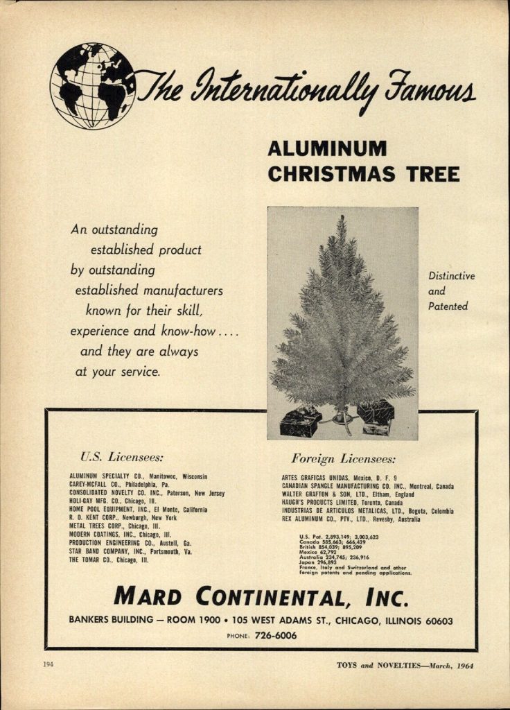 1960s vintage ad featuring an Aluminum Christmas tree -Mard Contiental Inc ad for patents. 