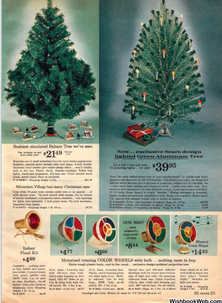 Aluminum Christmas trees as seen in a 1962 Sears Catalog. The Catalog page includes the color wheels you can buy for them. Fun Vintage Christmas!