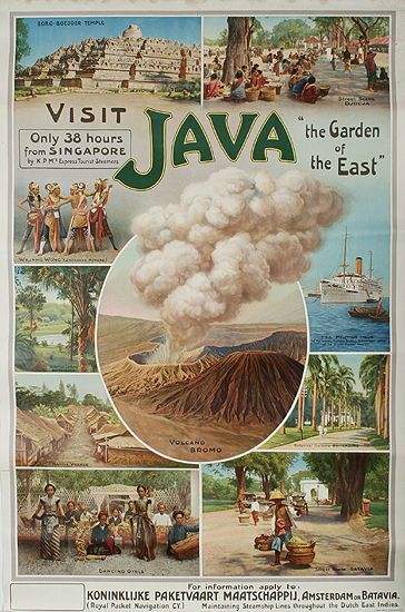 Vintage Travel Poster for Java Indonesia., showcasing all the things you can see on the island. Only 38 hours from Singapore via KPM