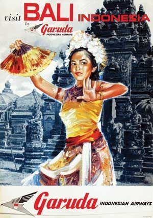 vintage travel poster-visit bali indonesia with garuda indonesian airways image features a bali dancer