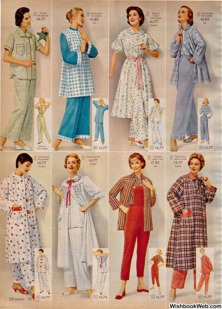 1950s christmas catalog from Sears 1957 Christmas Book showcasing a catalog page 1950s women's housecoats and pajamas and two piece leisurewear