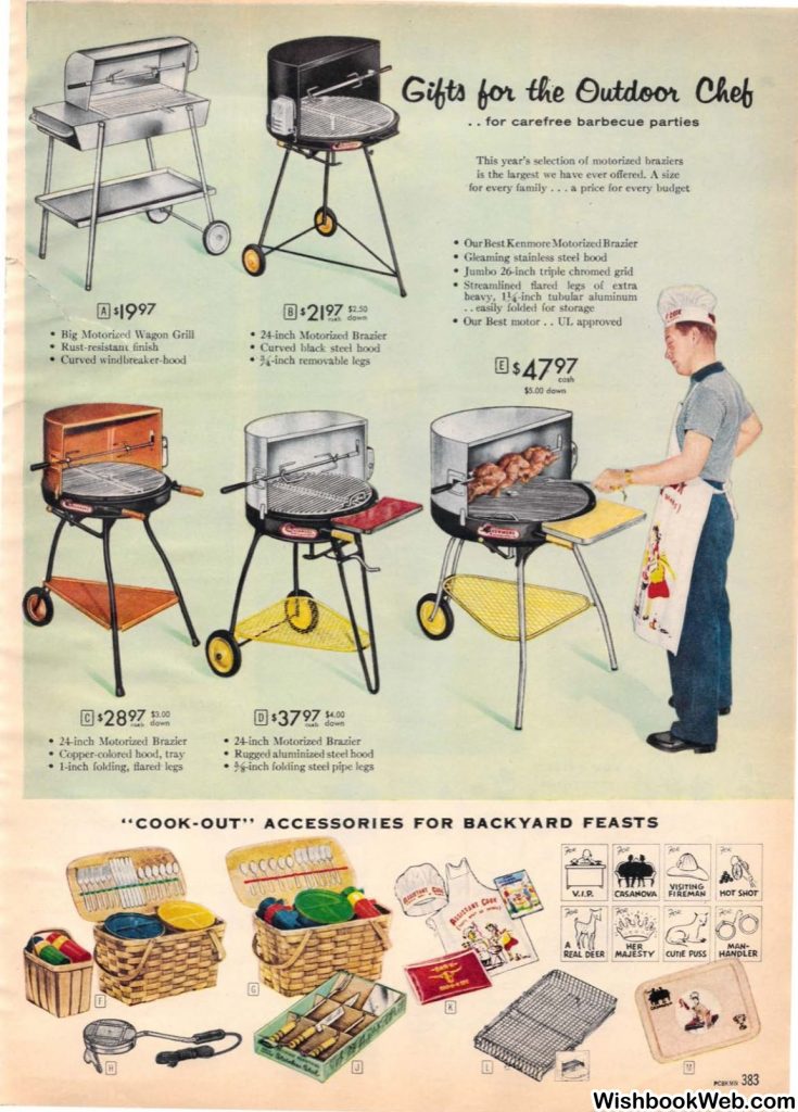 1950s vintage catalog. A 1957 Sears Christmas book featuring Gifts for the outdoor chef. Catalog page of BBQ's and BBq accessories. 