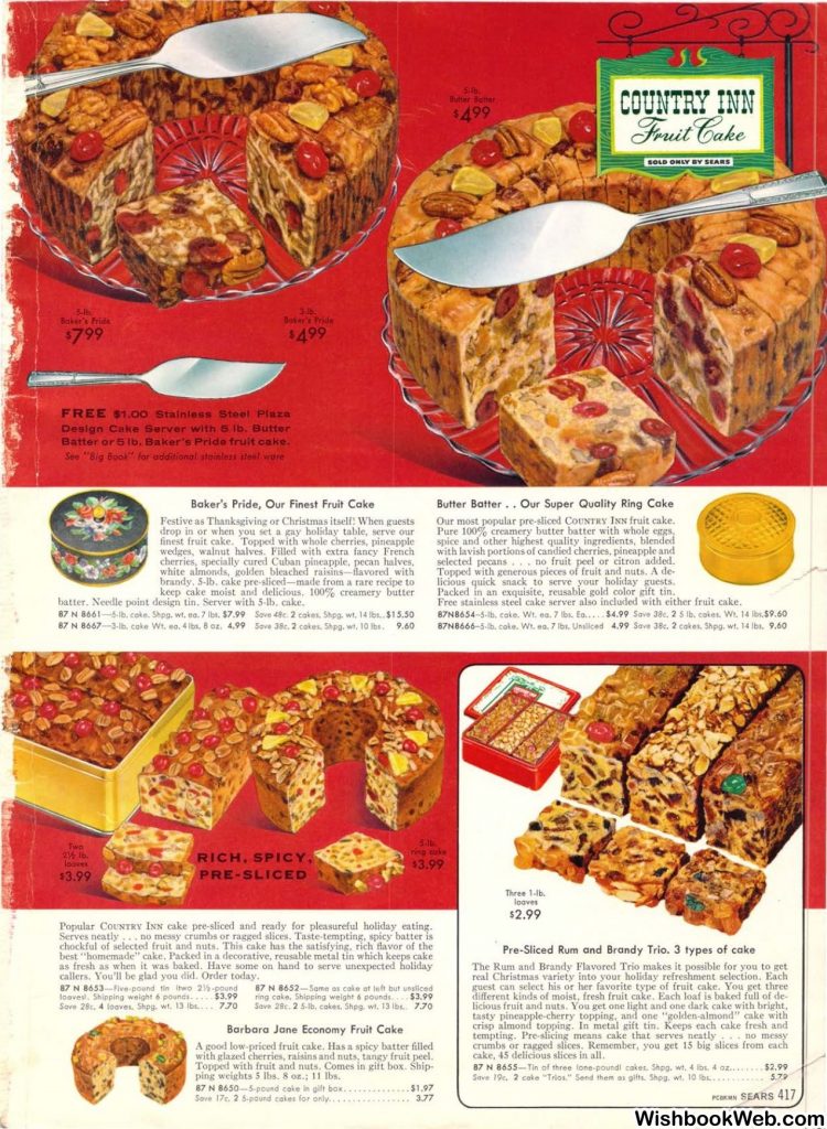 1950s christmas catalog from Sears 1957 Christmas Book showcasing a catalog page for Country Inn Fruit Cake