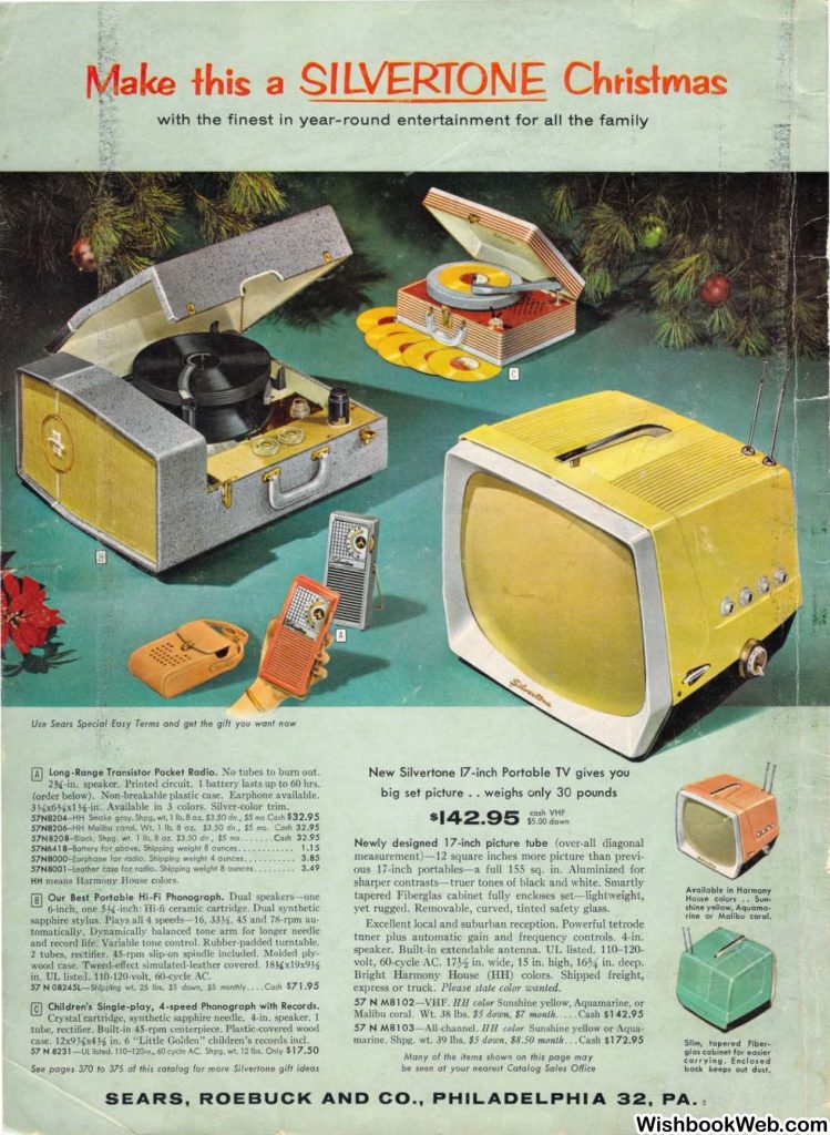 1950s christmas catalog from Sears 1957 Christmas Book showcasing a catalog page for Silvertone entertainment items like tvs and record players