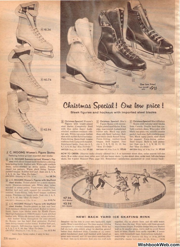 1950s christmas catalog from Sears 1957 Christmas Book showcasing a catalog page for figure skates and hockey skates and an ice rink you can buy