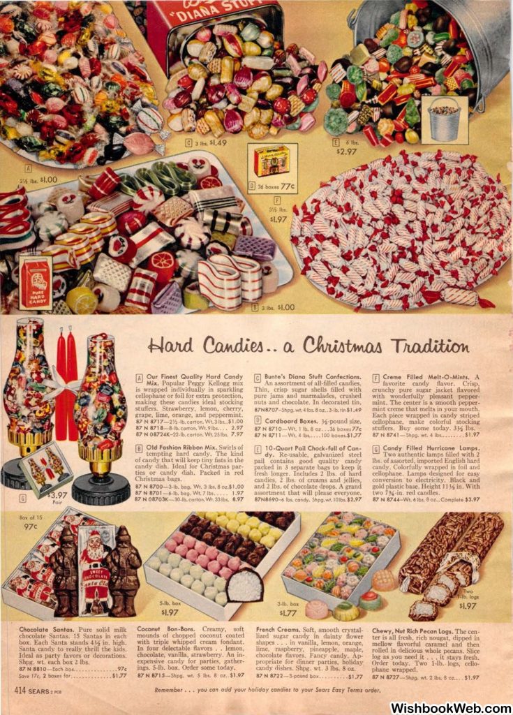 1950s christmas catalog from Sears 1957 Christmas Book showcasing a catalog page for hard candies a christmas tradition