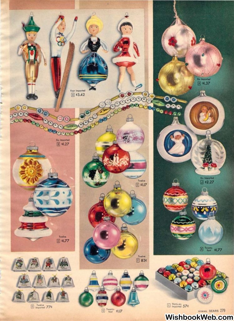 1950s christmas catalog from Sears 1957 Christmas Book showcasing a catalog page of 1950s Christmas Ornaments and decorations