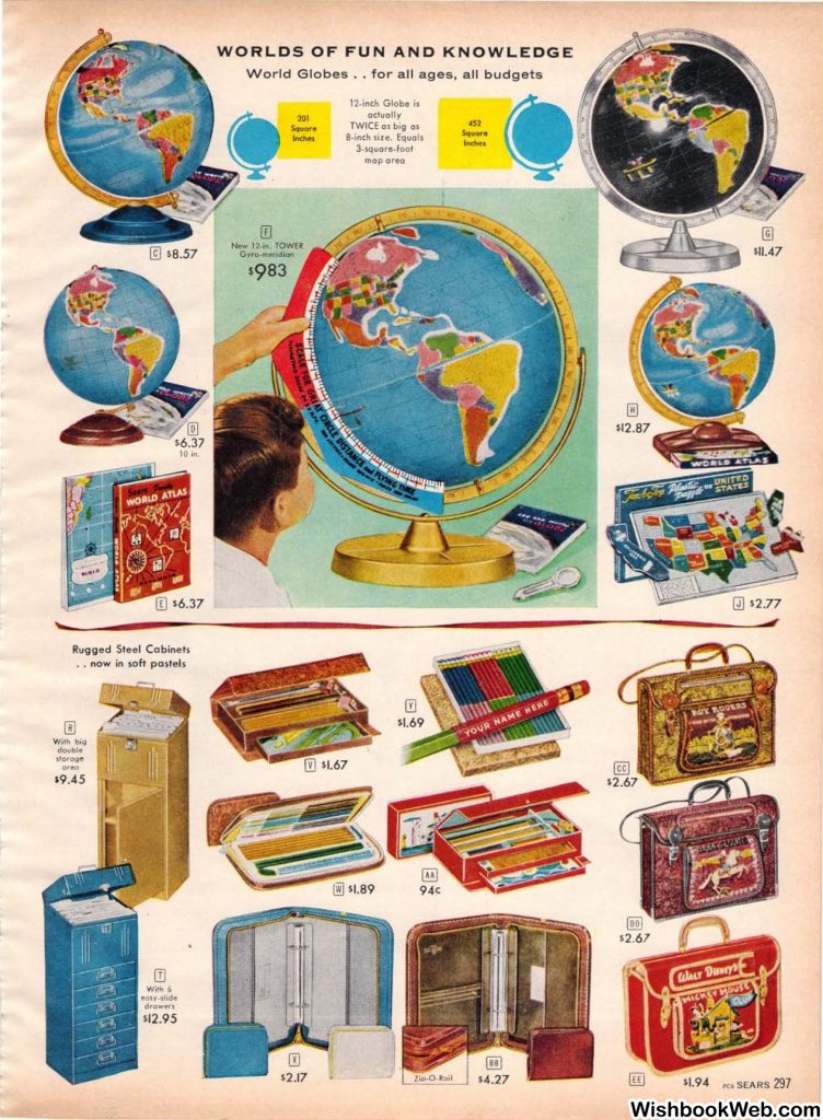 1950s christmas catalog from Sears 1957 Christmas Book showcasing a catalog page for maps and globes and rugged steel cabinets