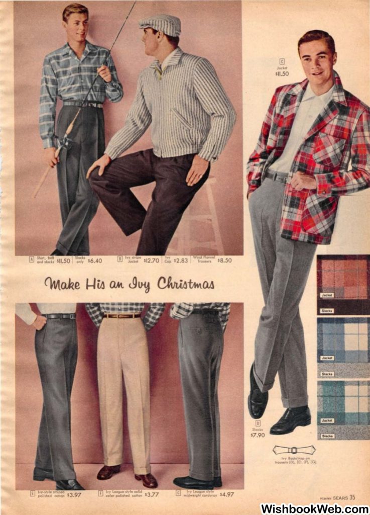 1950s fashions for men as seen in a 1957s Sears Christmas Book featuring pants, tops and coats for men.