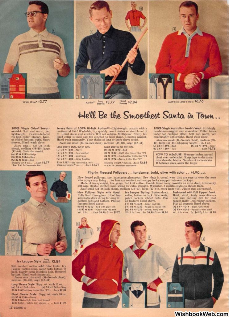 1950s fashions for men as seen in a 1950s Sears Christmas Book (1957 Sears Christmas book) featuring pullovers and sweaters for men. 1950s fashions