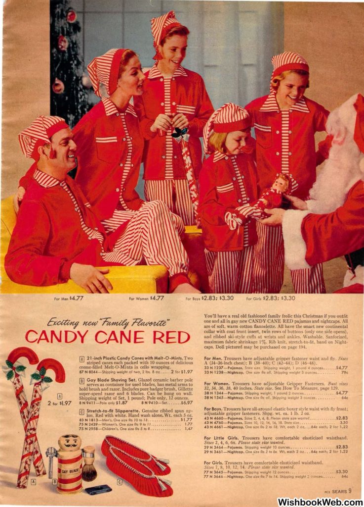 1950s Vintage Catalog, a 1957 Sears Christmas Book featuring a family in Candy Cane Red pajamas meeting with Santa. 