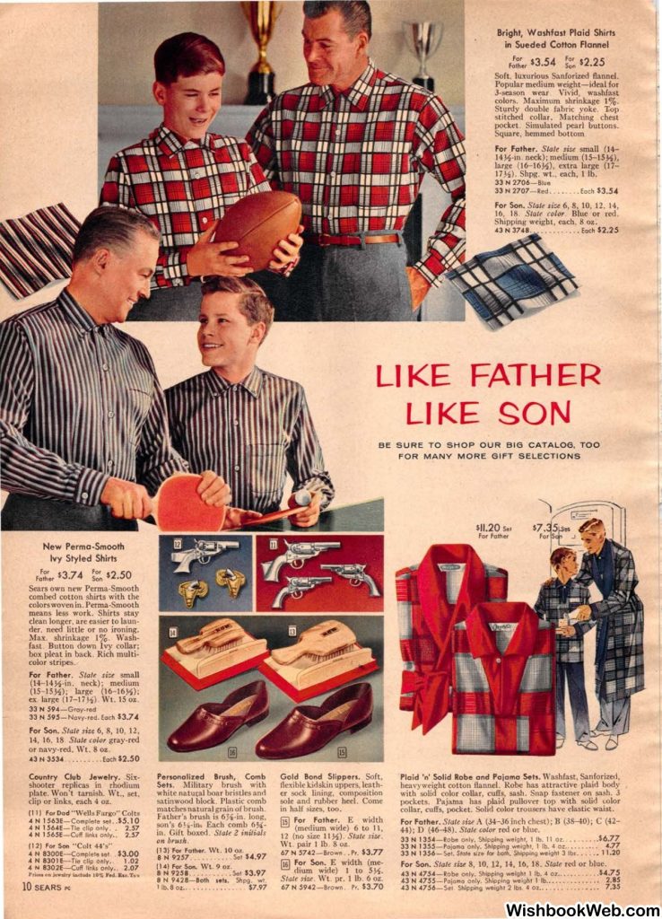 1950s vintage catalog, a 1957 Sears Christmas book page featuring matching clothing for father and son. 