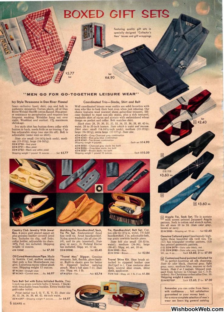 1950s vintage catalog, a 1957 Sears Christmas book page featuring boxed gift set ideas for men. 1950s clothing (shirts, hats, ties) and items like pipes and belts.