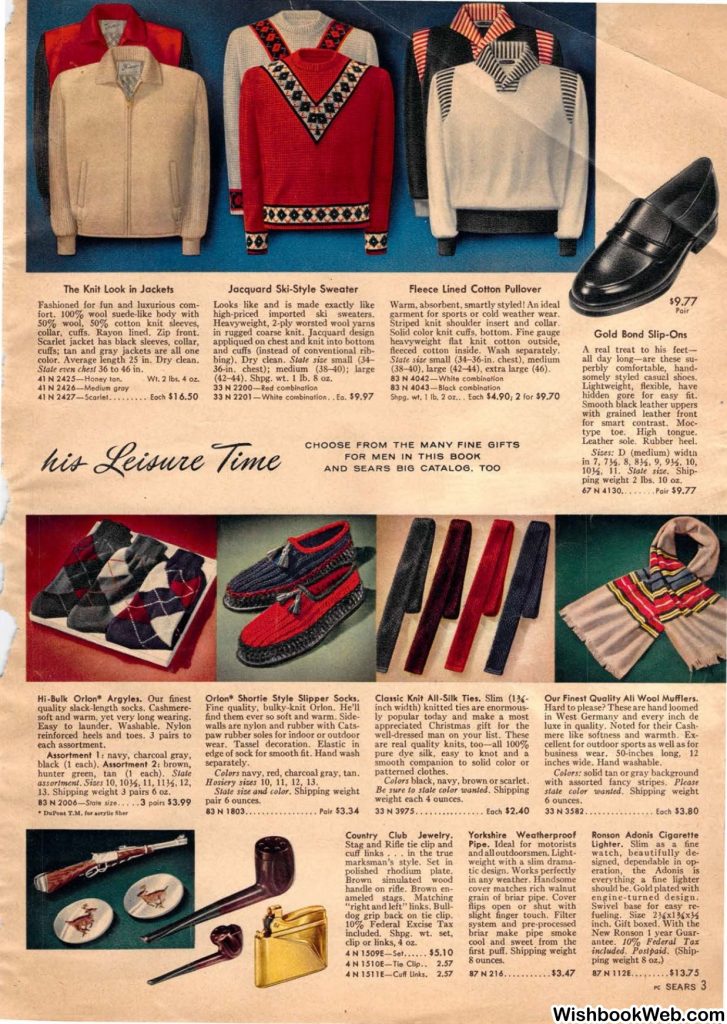 1950s vintage catalog, a 1957 Sears Christmas book page featuring knitwear items for Men. 1950s fashion inspiration. 