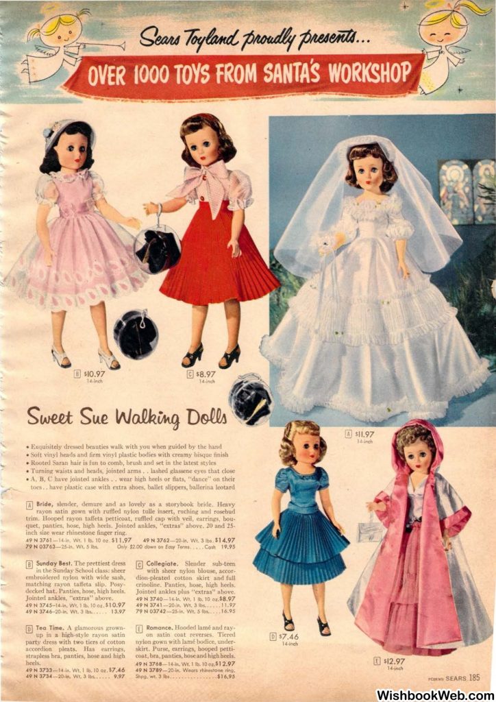 1950s vintage catalog. A 1957 Sears Christmas book featuring 1950s toys for 1950s kids. This page features "Sweet Sue Walking Dolls" in cute 1950s fashions and a 1950s wedding dress. 