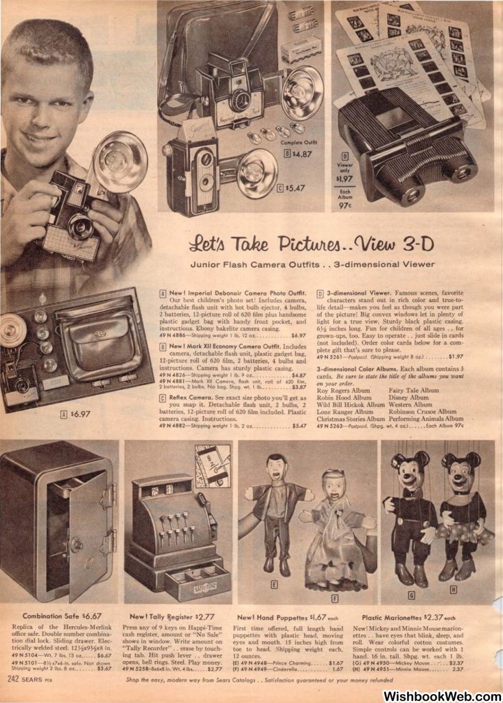 1950s vintage catalog. A 1957 Sears Christmas book featuring 1950s toys for 1950s kids. This page features Camera's, 3-D View Finder, Safes, cash register and puppets.