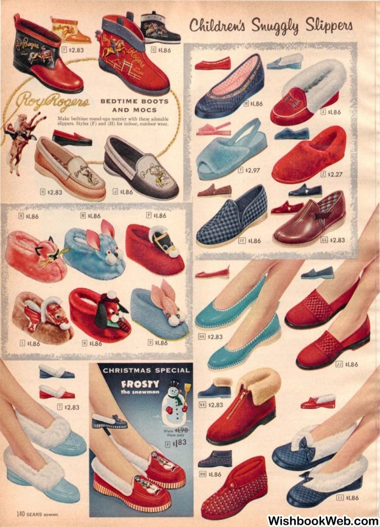 1950s vintage catalog a 1957 Sears Christmas book featuring childrens slippers including Roy Rogers bedtime boots and mocs.