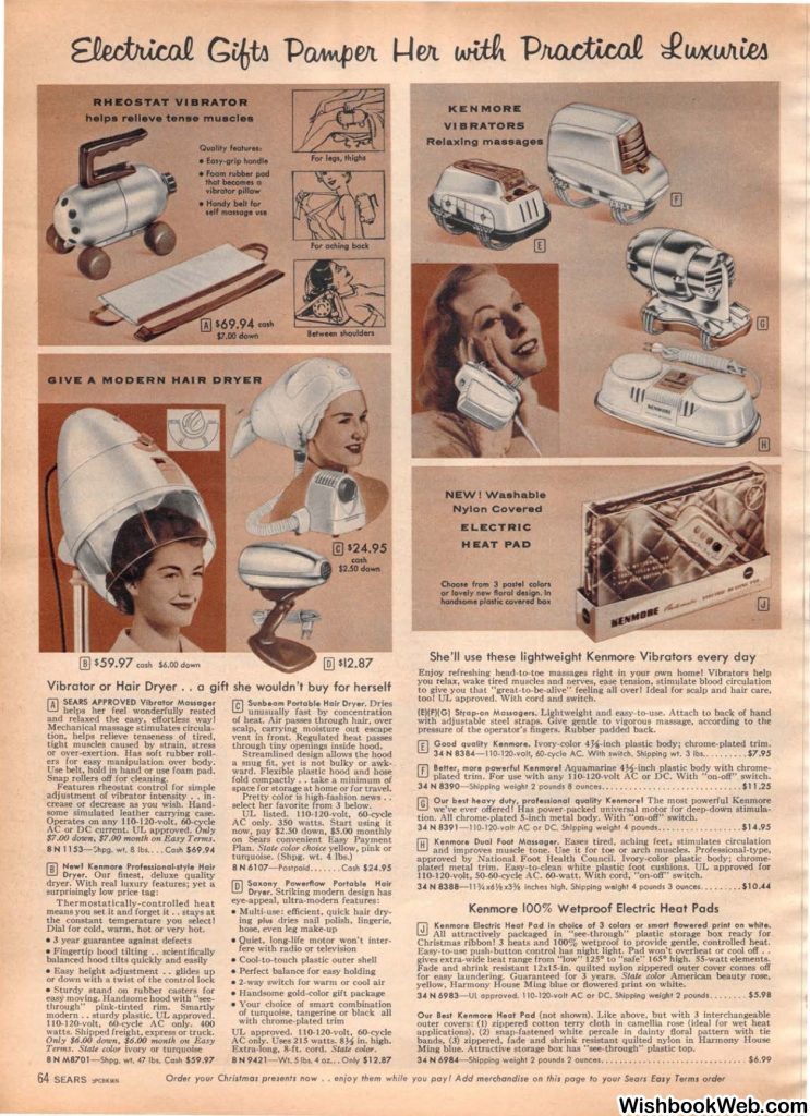 1950s vintage catalog a 1957 Sears Christmas book featuring hair dryers and electrical massages machines for women's Christmas presents.