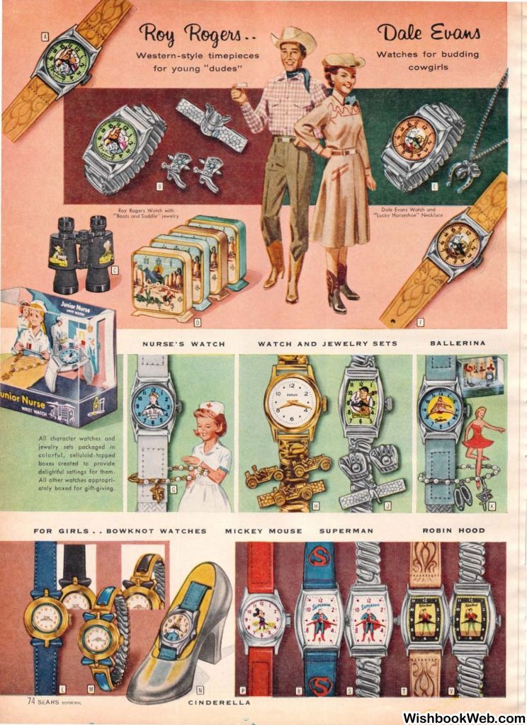 1950s vintage catalog.  A 1957 Sears Christmas book featuring watches for kids and a set of watches from Roy Rogers and Dale Evans