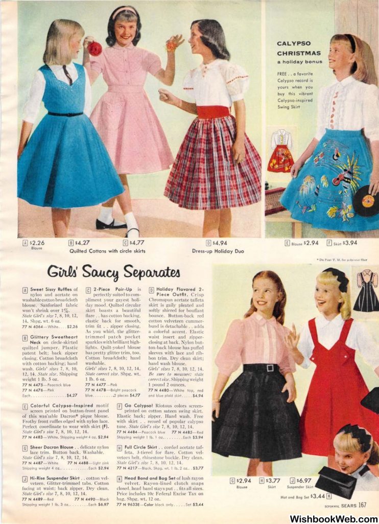 1950s vintage catalog. A 1957 Sears Christmas book featuring young girls 1950s fashions skirts and tops