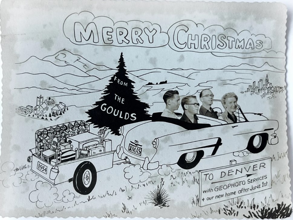 1950s vintage Christmas card: Fabulous old personalized photo Christmas card was sent from the Goulds in 1954. It announced they were moving to Denver with Geophoto Services. Apparently they were leaving Colorado Springs 