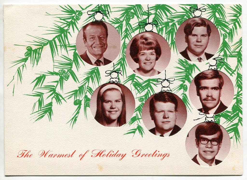 1960s vintage Christmas Card featuring images of a 1960s family. 1960s Family Holiday card. 