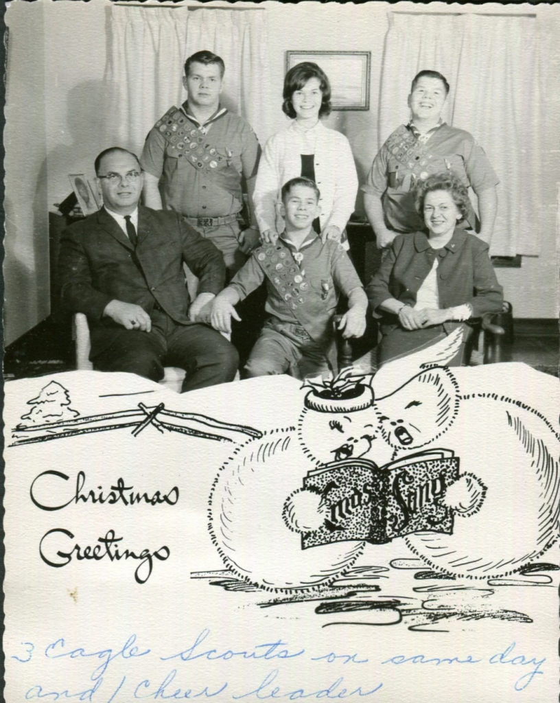 1960s Vintage Christmas Card: 1960s Christmas card "3 Eagle Scouts on same day and 1 Cheerleader". 