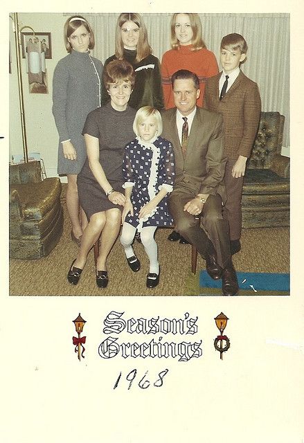 1960s vintage family Christmas Card. "1968 Season Greetings". Fantastic 1960s fashions and hairstyles.