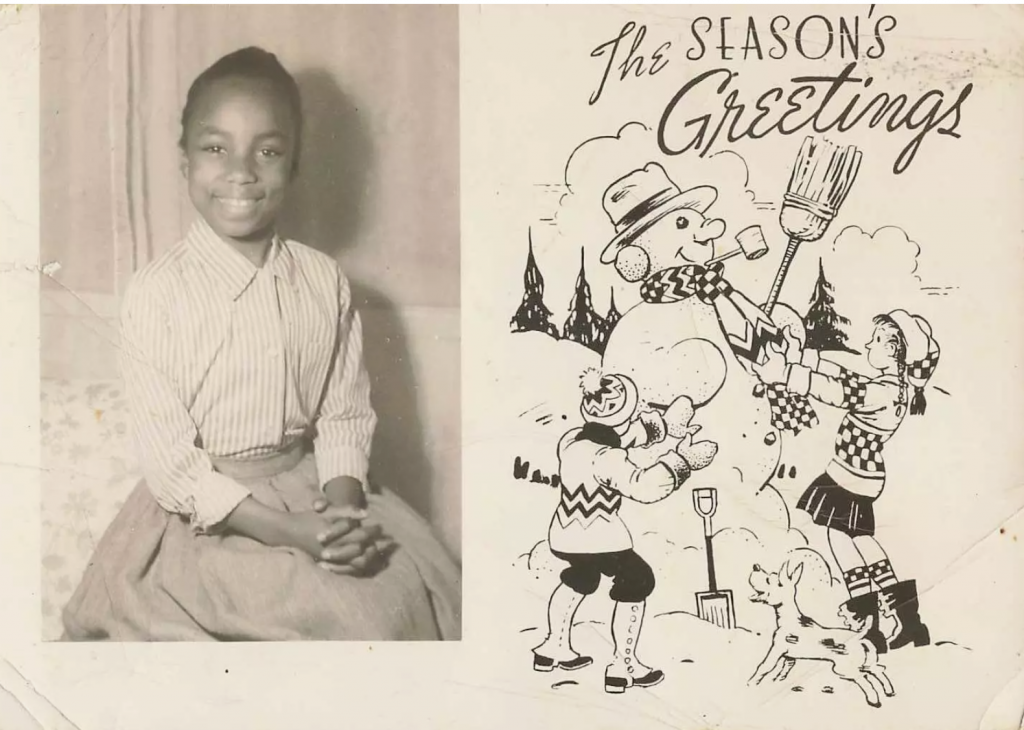 Season greetings from the cutest little Black girl with the most lovely smile. 1960s vintage Christmas Card. 