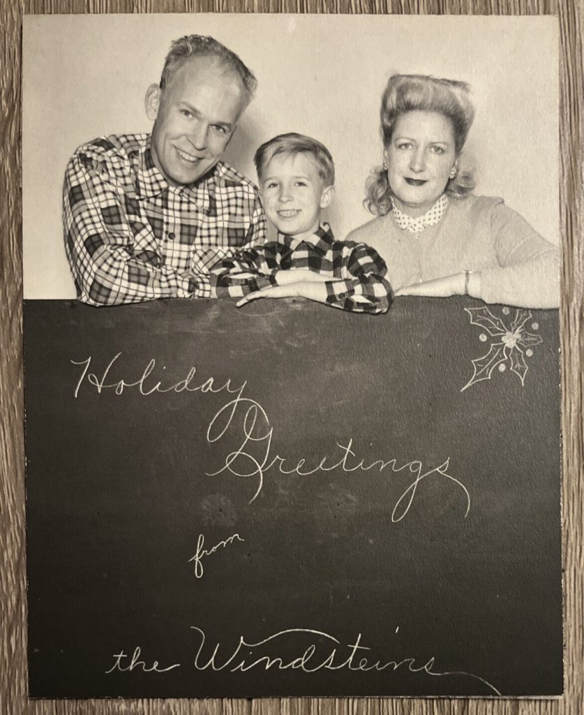 1940s Vintage Christmas Card: Holiday Greetings from the Windsteins! 1940s Christmas photo greeting card. Love our mothers, 1940s hairstyle.