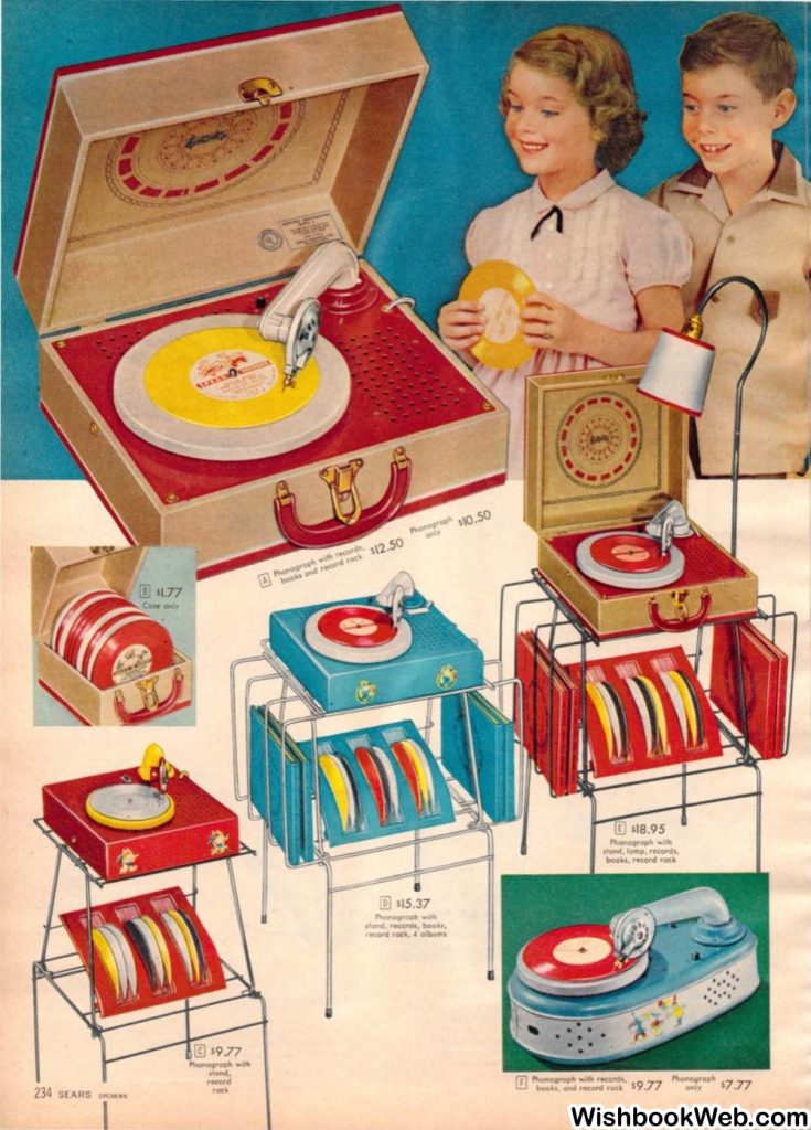 A record player and record stands for kids as seen in a 1957 Sears Christmas Book