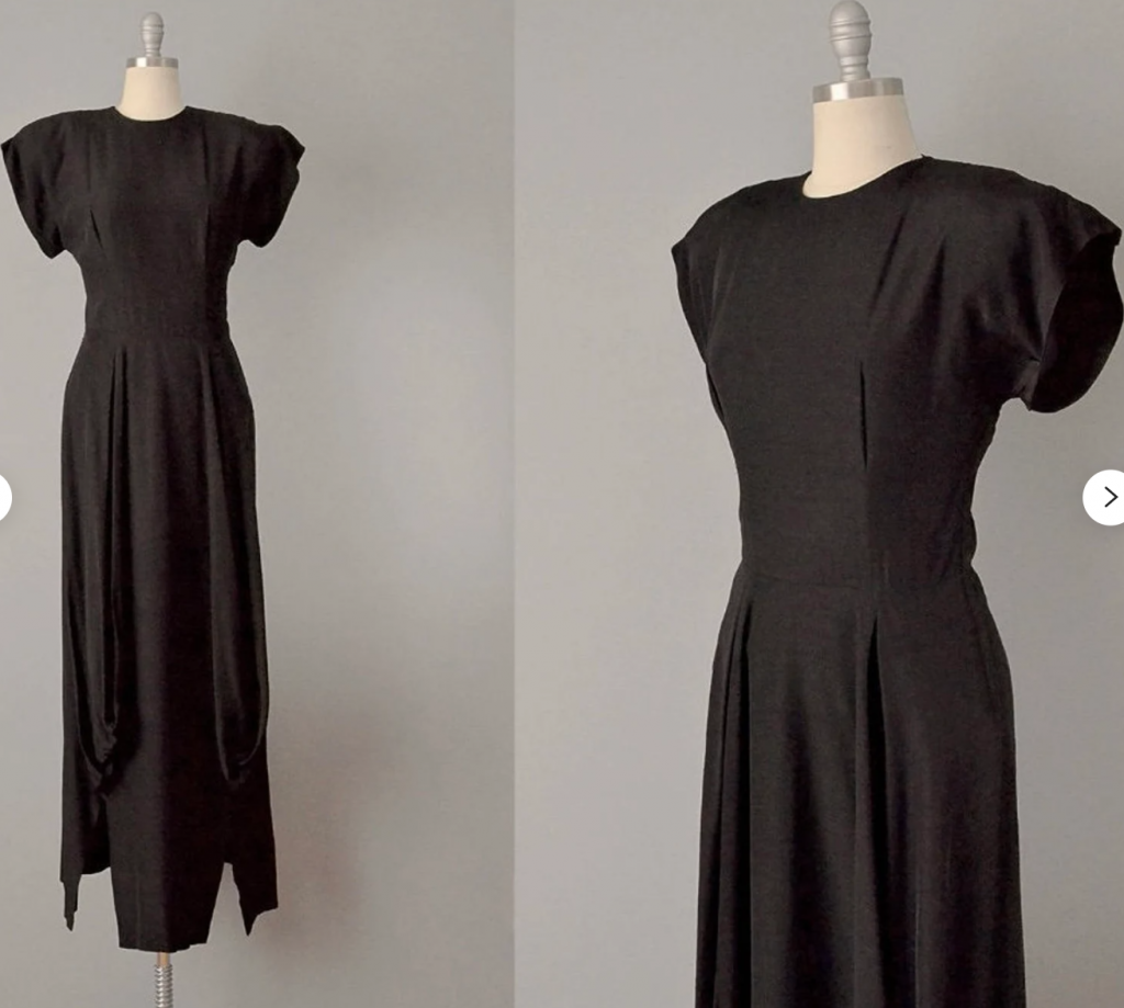 1940s Fashion: Vintage 1940s Ceil Chapman Black Silk Shantung Evening Dress.