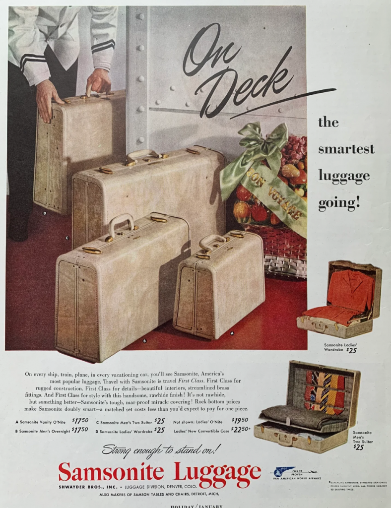 1940s Vintage Ad for Samsonite Luggage featuring luggage on a cruise ship. -1948 vintage ad. 