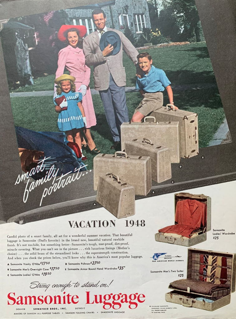 1940s Vintage Ad: 1948 Samsonite Luggage ad featuring a 1940s family packed to go on their family vacation in 1948