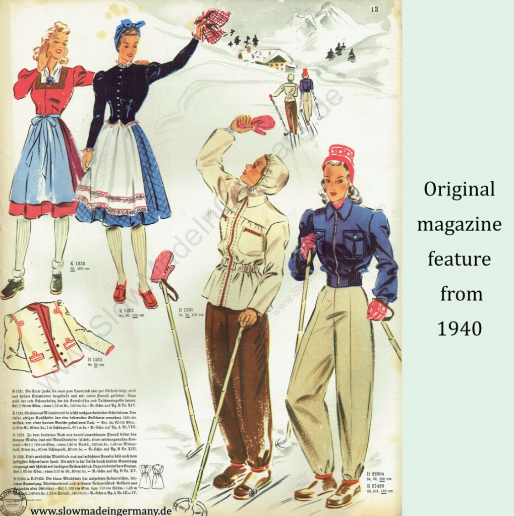 1940s vintage sewing pattern from a German Pattern book featuring a fashion illustration of two women in Dirndls and two other women in 1940s Ski Wear. 1940 Ski jacket pattern, waist length with zip front & patch pockets. Vintage sewing pattern 