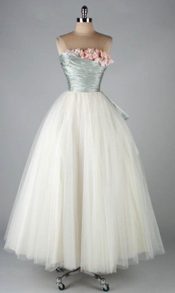 1950s Fashion: Vintage 1950's Ceil Chapman powder blue silk satin, white tulle skirt evening gown. 