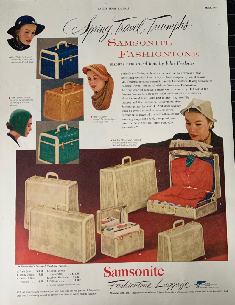 1950s Vintage Ad for Samsonite Fashiontone featuring Spring hats you can wear to match your luggage. 1951 ad. 