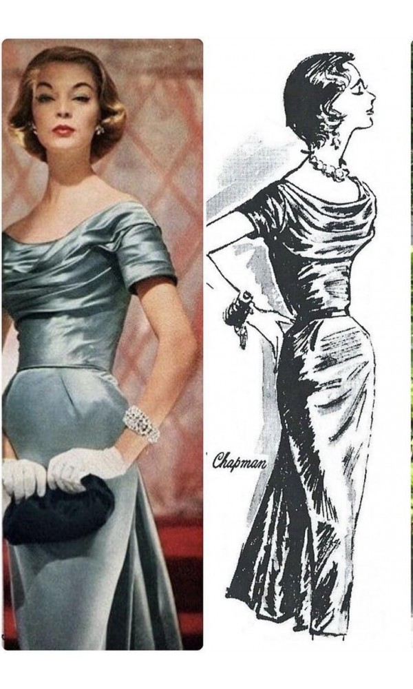 1950s Fashion: 1950s dress for evening by Ceil Chapman shown next to it's sewing pattern Fashion Illustration. 