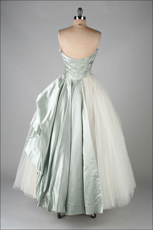 1950s Fashion: Vintage 1950's Ceil Chapman powder blue silk satin, white tulle skirt evening gown. 