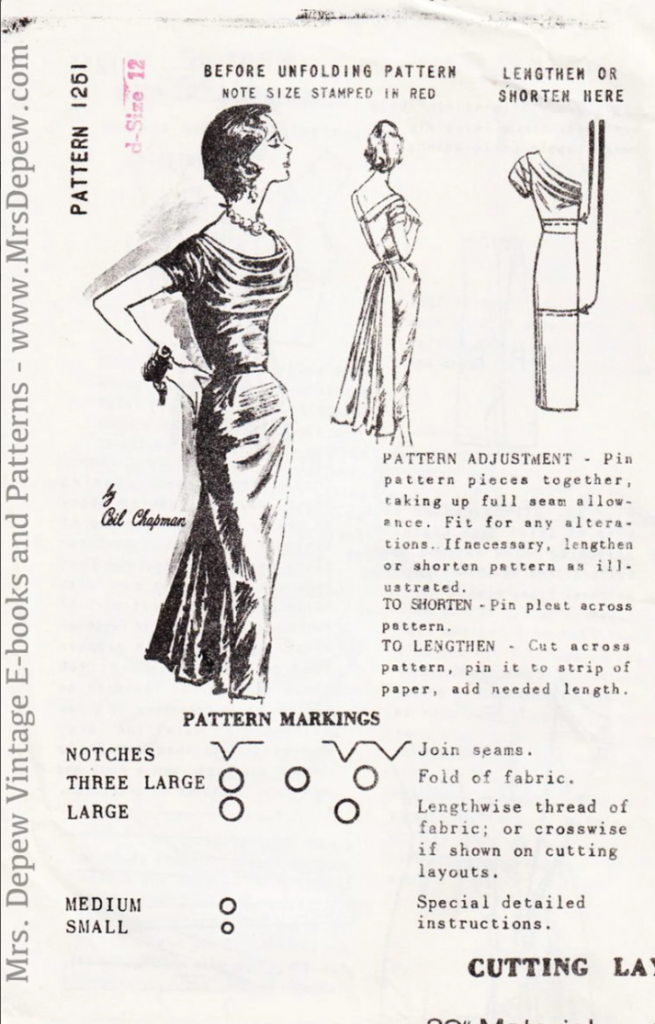 1950s Fashion / 1950s Sewing Pattern: Spadea designer sewing pattern from the 1950s. This cocktail dress design by Ceil Chapman is incredibly flattering with a wide, scooped neckline, bodice and skirt drapery, and short sleeves