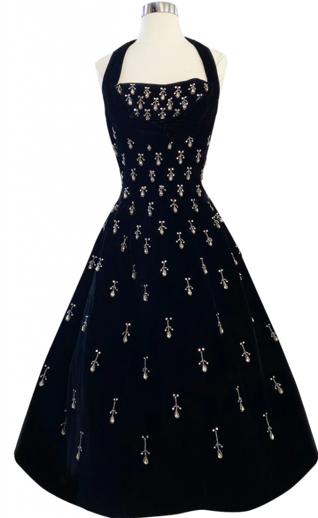 1950s Fashion: 1950s Ceil Chapman Jewelled Rhinestone Tear Drop Black Velvet Shelf Bust Dress